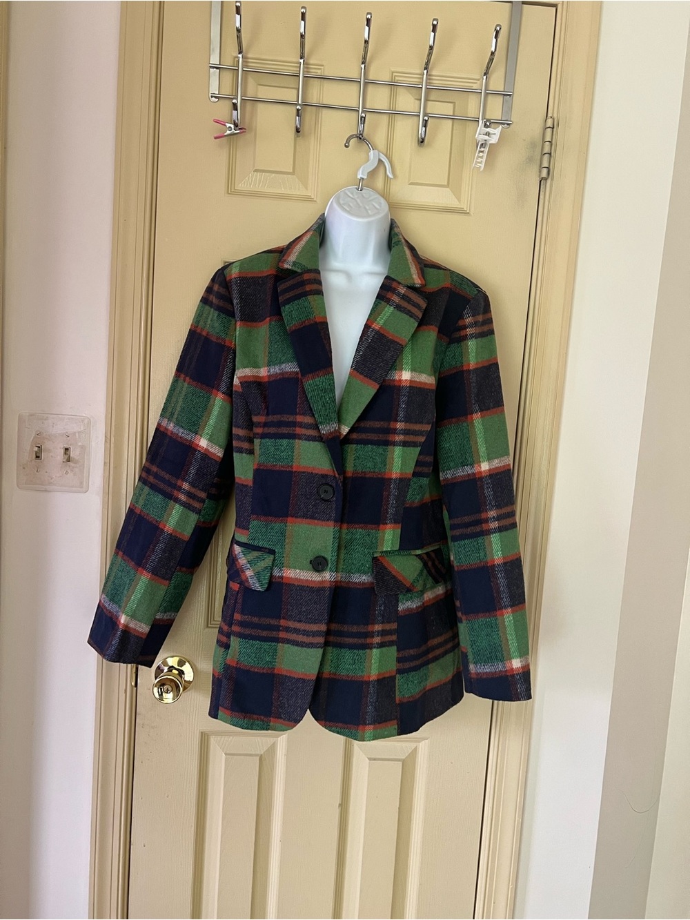 Plaid Single-Breasted Wool-Blend Blazer Jacket - Green/Navy
